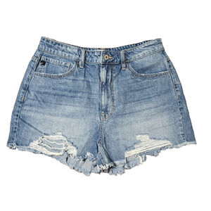 KANCAN Ivanna Ultra High Rise Mom Jean Short Denim Raw Hem 11 / 29 Distressed